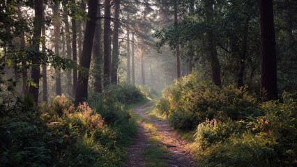 Obraz premium A serene forest path winds through misty trees, illuminated by golden morning light and sun rays piercing lush green foliage.