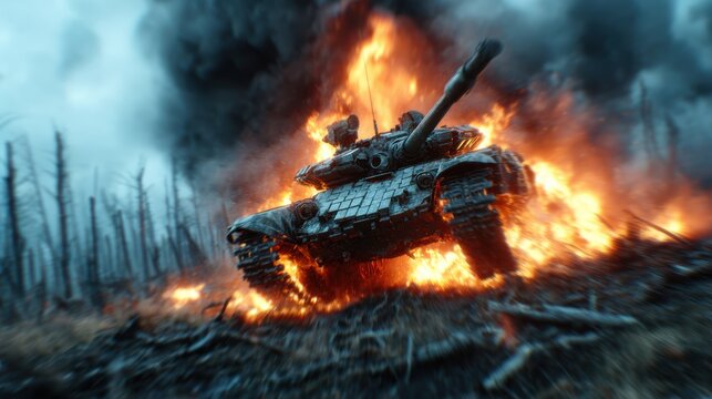 A powerful tank emerges from a sea of flames and destruction, capturing the intensity of battle in a dramatic and visually striking manner, showcasing raw military force.