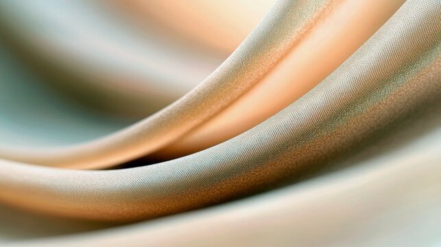 Close-up of flowing silk fabric in shades of gold, beige, and green. The fabric is draped in elegant waves, with soft lighting.