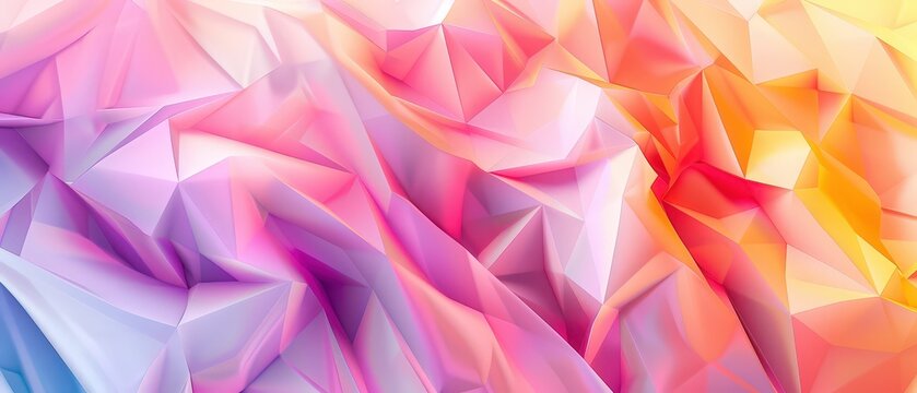 Colorful polygonal abstract background made of sharp 3D triangles in vivid pink, orange, blue, and purple gradients and lighting.