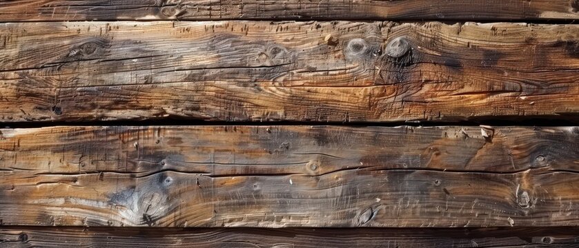 A rustic wall made of aged wooden planks with visible grain, knots, and weathered textures in warm and cool tones.