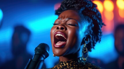 An expressive female singer captivates the audience with her powerful voice and vibrant energy, creating an electrifying atmosphere filled with music and emotion at a live performance.