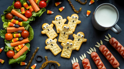 Fun spooky Halloween snack platter featuring ghost crackers mummy dogs and festive candy corn treats