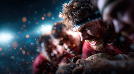 A close-up shot of players engaged in a gritty rugby match, showcasing determination and teamwork as they strive for victory amid swirling dust and intense emotions.