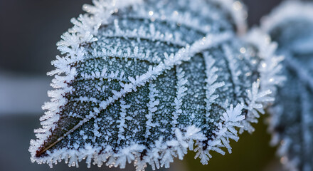 Close up of a leaf covered in frost crystals on a cold winter day outdoors
