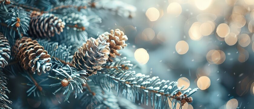 Close-up of snow-dusted pine cones on evergreen branches with warm bokeh lights in background, evoking a cozy winter holiday mood.
