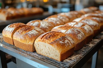 Assorted bread varieties in rustic artisan bakery display