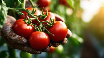 A close-up of hands covered in soil holding vibrant red tomatoes freshly picked from the garden, representing the joy of gardening and the bounty of nature.