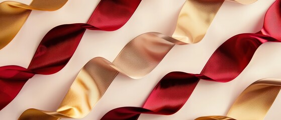 Elegant flowing satin ribbons in rich red and shimmering gold with glitter particles on a light background, ideal for festive designs.