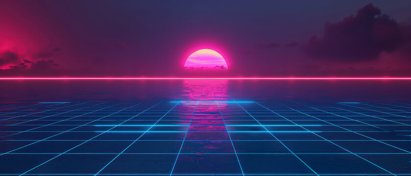 SynthFuturistic 1980s retro synthwave scene featuring a glowing sunset, neon grid lines, and surreal clouds under a digital sky.wave neon sunset horizon with grid landscape