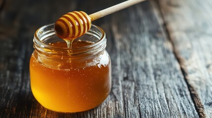 Closeup of golden honey dripping from a wooden dipper into a small glass jar on a rustic dark wooden surface