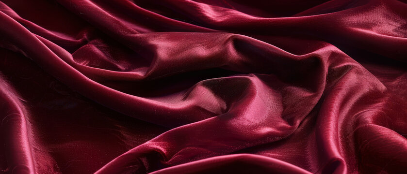 Close-up of luxurious burgundy velvet with deep folds and soft lighting, showcasing smooth texture and elegant fabric sheen.