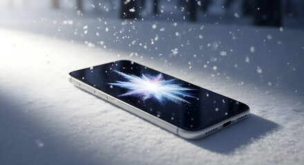 Lost smartphone in the snow with a bright screen displaying a starburst pattern during winter