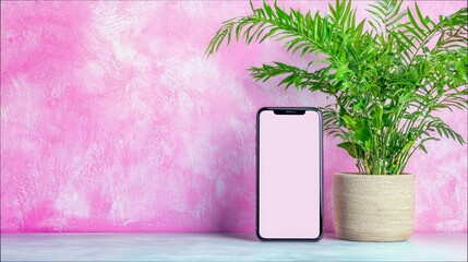 A smartphone with a blank screen stands next to a potted plant against a textured pink background.