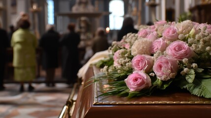 Soft light filters into the solemn space where loved ones stand in quiet reflection. A casket draped with pink roses reflects the love and sorrow of the gathering as they remember a cherished person