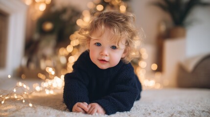 Child playing on soft carpet surrounded by warm lights during a cozy indoor setting