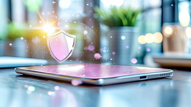 A smartphone with a digital shield icon hovering above it, suggesting data protection and security, set in a modern office environment with a blurred background