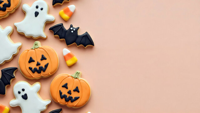 Delicious Halloween sugar cookies shaped like ghosts pumpkins and bats border a soft peach background - Powered by Adobe