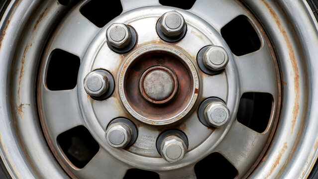 Close up of worn metal wheel hub with heavy duty lug nuts showing texture and rust detail