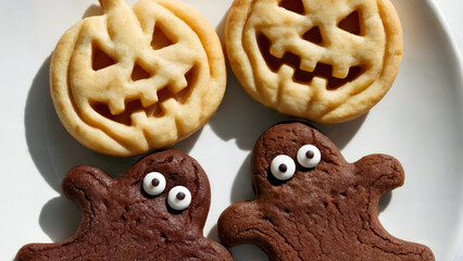 Delicious homemade Halloween cookies featuring spooky pumpkin faces and cute chocolate ghosts