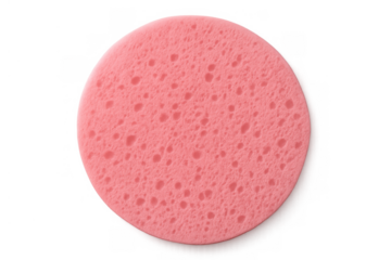 Pink round facial cleansing sponge for skincare routine, exfoliating beauty product, transparent background