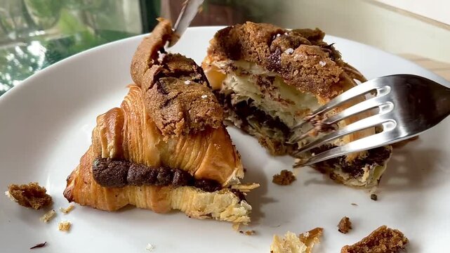 Trendy French sweet dessert pastry crookie, a hybrid of croissant with sweet butter cookies with choco chips drops dough baked filling and glaze Cookie Croissant (Le Crookie) Viral Recipe