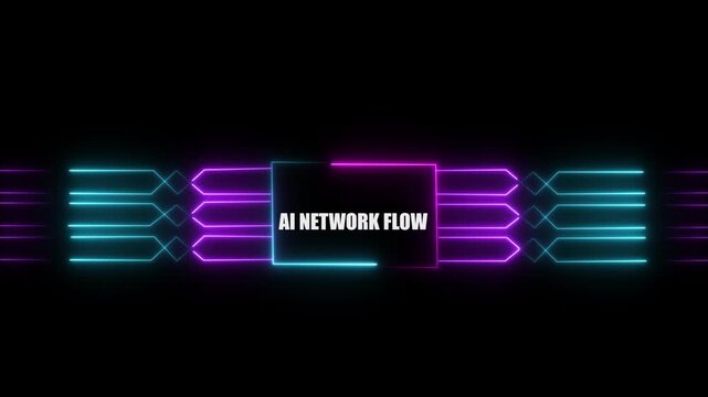 Networking chip icon futuristic neon circuit board AI NETWORK FLOW animated. on black background. Motion graphic of digital logo with futuristic technology.4k video black background animated...