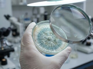 Scientist examines petri dish culture with magnifying glass