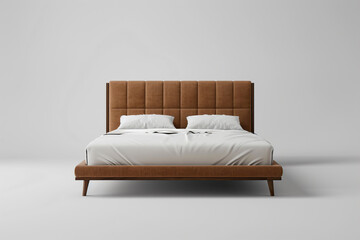 Obraz premium a bed with a brown headboard and white sheets