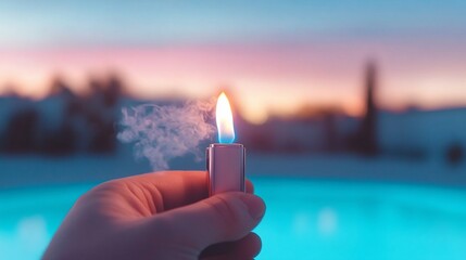 Hand Holding Lit Lighter with Smoke Against a Blurred Sunset Backdrop.