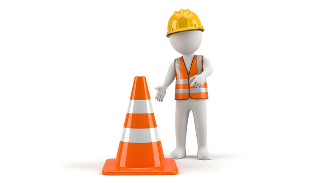 Stay safe with this friendly construction worker character guiding traffic with a bright orange safety cone, perfect for safety campaigns, construction designs, and hazard awareness - Powered by Adobe