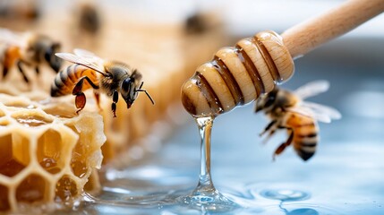 Honeybees on Honeycomb with Dripping Honey Dipper CloseUp Macro.