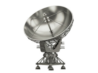 Silver satellite dish isolated PNG, large radio telescope antenna for space exploration and communication on transparent background