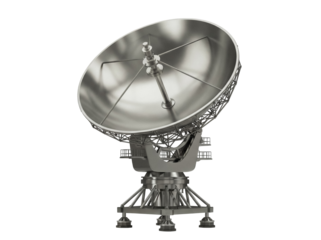 Silver satellite dish isolated PNG, large radio telescope antenna for space exploration and communication on transparent background