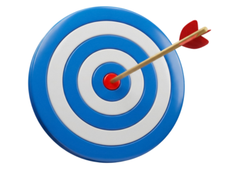 Blue and white target with arrow isolated PNG, bullseye with dart in the center for accuracy and precision concept