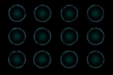 3d illustration of twelve glowing cyan circular hud elements on a dark background