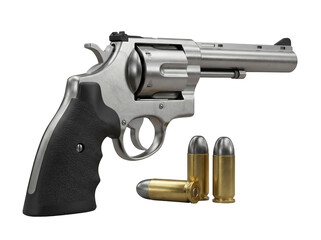 Silver revolver with bullets isolated PNG, handgun firearm for law enforcement and personal defense...