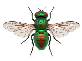 Dolichopodidae fly PNG isolated on transparent background, long-legged fly with iridescent green body and transparent wings, insect for design