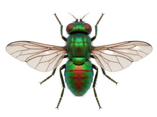 Dolichopodidae fly PNG isolated on transparent background, long-legged fly with iridescent green body and transparent wings, insect for design