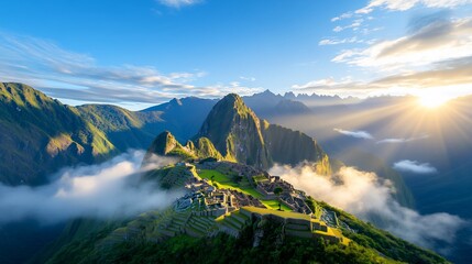 Machu Picchu Sunrise Ancient Inca Citadel Amidst Andean Peaks and Morning Mist.