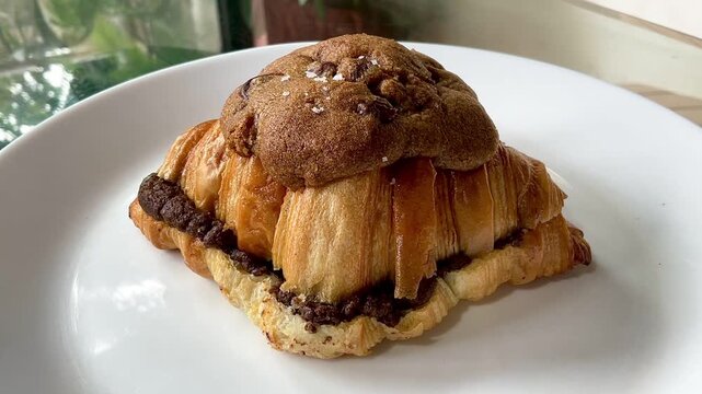 Trendy French sweet dessert pastry crookie, a hybrid of croissant with sweet butter cookies with choco chips drops dough baked filling and glaze Cookie Croissant (Le Crookie) Viral Recipe