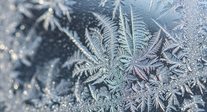 Intricate frost patterns on a windowpane creating a delicate natural winter ice crystal landscape
