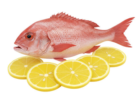 Vibrant red snapper fish PNG isolated with lemon slices on transparent background, seafood delicacy for culinary and healthy eating concepts