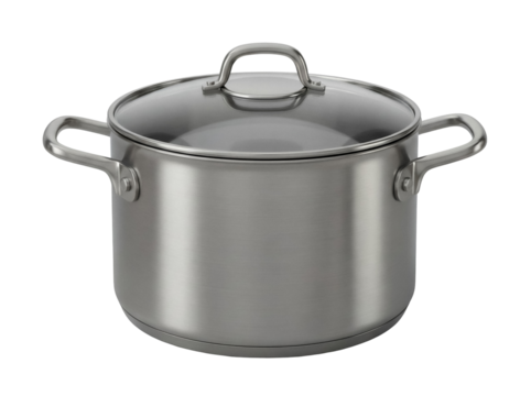 Stainless steel stock pot with glass lid isolated PNG, cookware for cooking and food preparation on transparent background