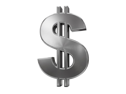 Metallic dollar sign PNG isolated on transparent background, currency symbol for finance, investment, and business concepts