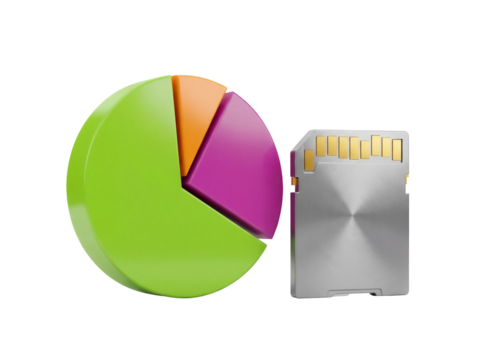 Pie chart with SD card isolated PNG on transparent background, data storage and business analytics concept for presentations