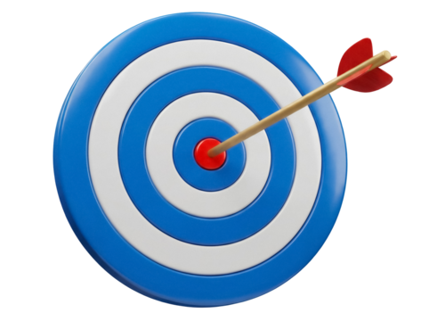 Blue and white target with arrow isolated PNG, bullseye with dart in the center for accuracy and precision concept - Powered by Adobe