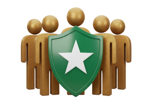 Golden people icons protected by green shield with white star isolated PNG, security and safety concept on transparent background