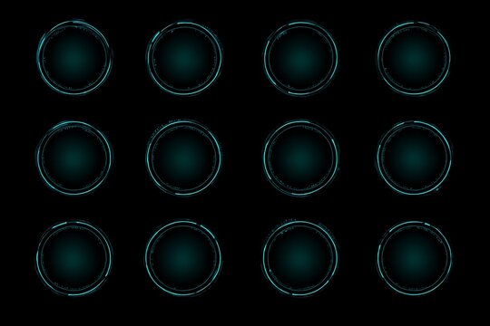 3d illustration of twelve glowing cyan circular hud elements on a dark background