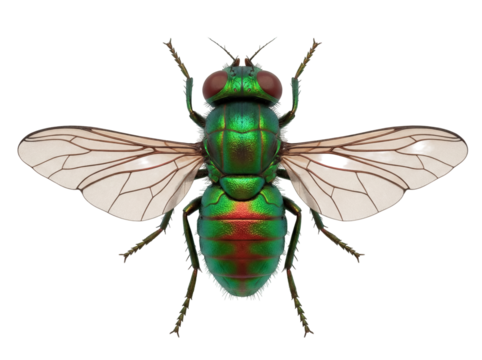 Dolichopodidae fly PNG isolated on transparent background, long-legged fly with iridescent green body and transparent wings, insect for design